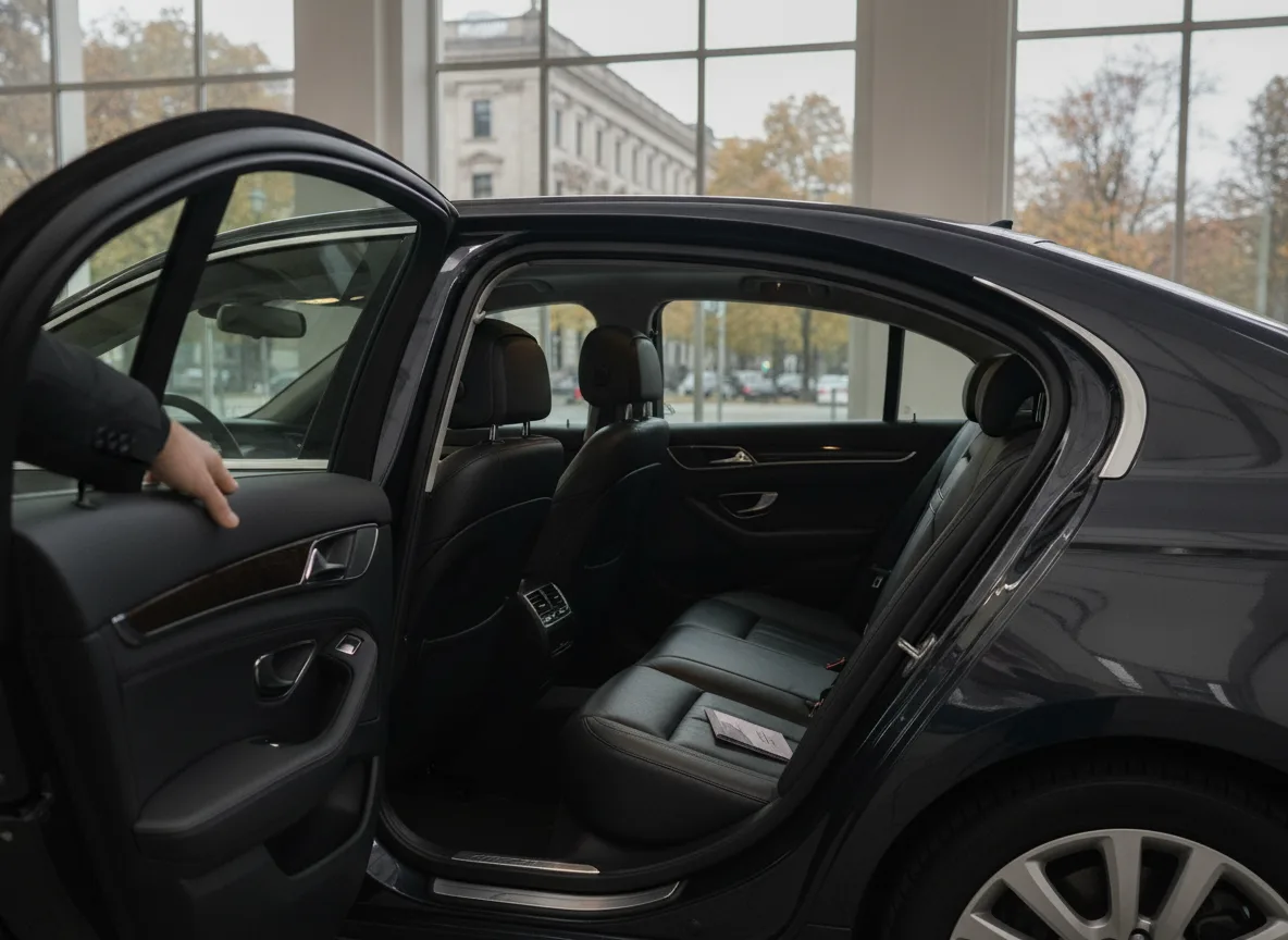 Open rear door of a dark chauffeur vehicle for the Berlin station transfer