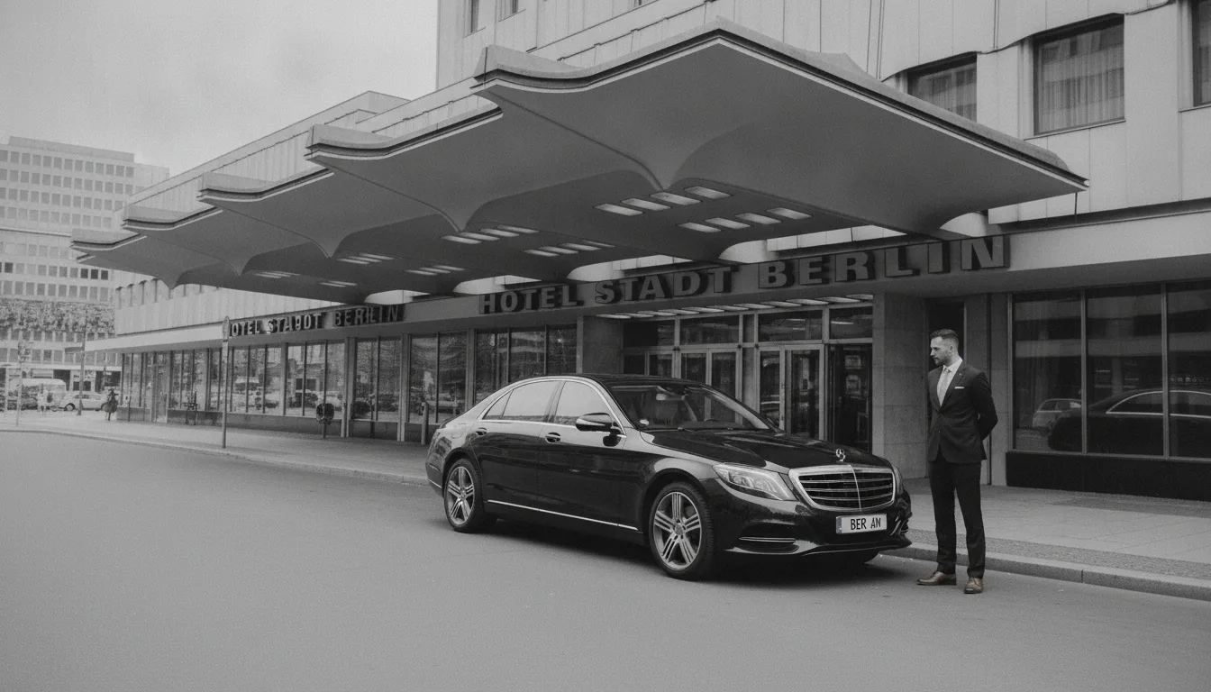 Chauffeur Fahrzeugklassen Vergleich: dunkle S-Klasse vor Berliner Hoteleinfahrt