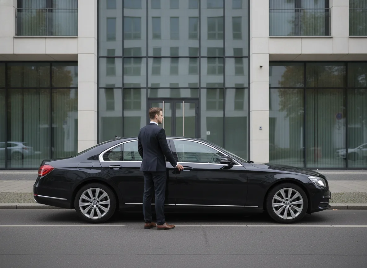 Chauffeur öffnet Fondtür eines dunklen Premiumwagens in Berlin