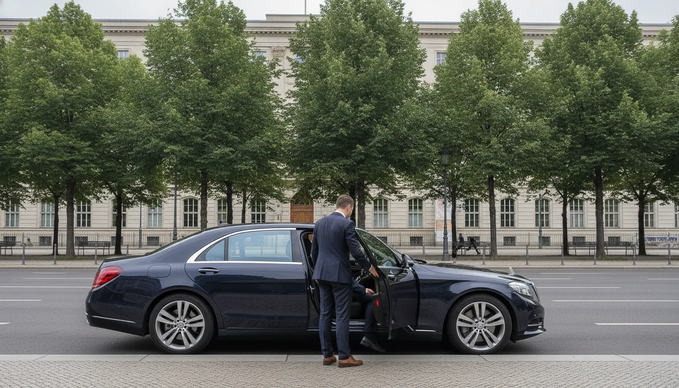 Chauffeur Stadtrundfahrt Berlin: Gast steigt in Premiumlimousine auf dem Boulevard ein