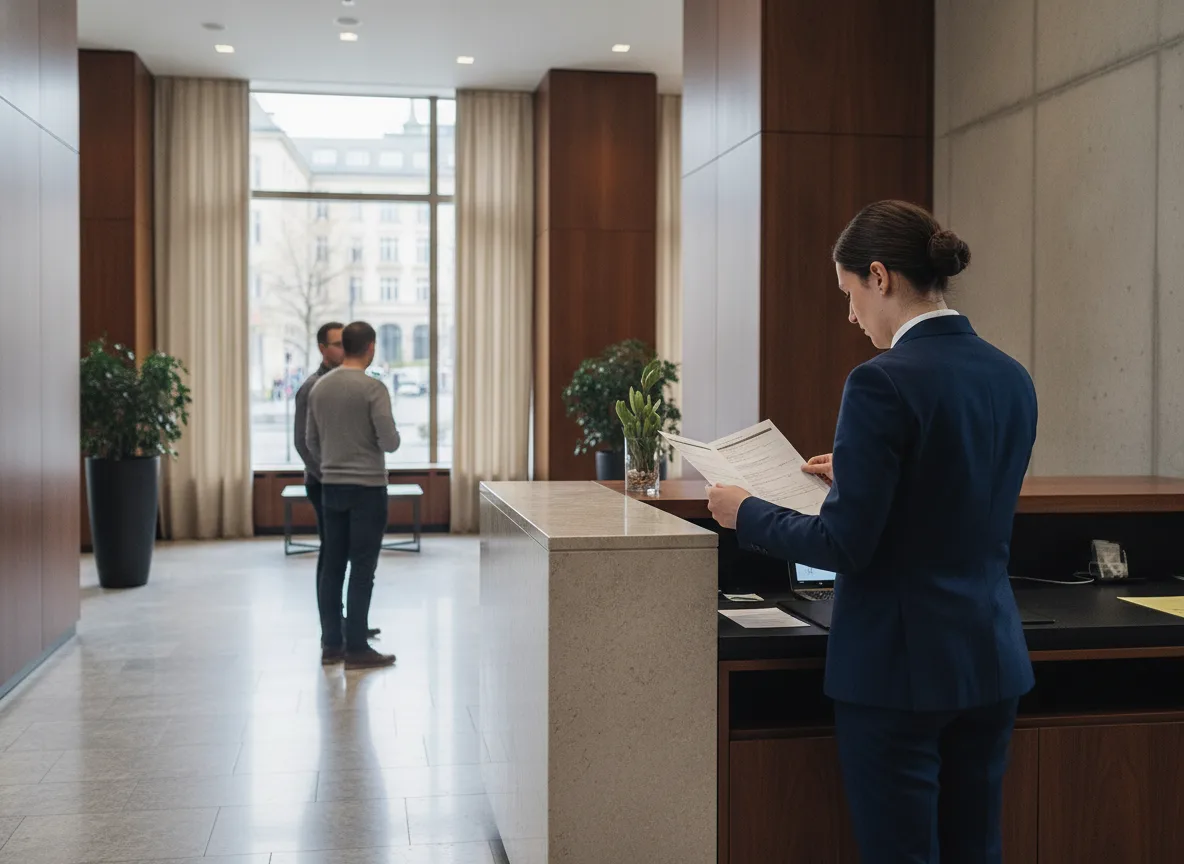 Concierge-Team plant VIP-Betreuung mit Chauffeurservice in Berliner Hotellobby