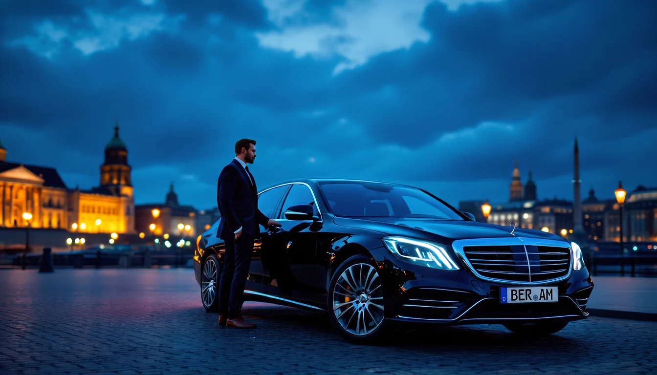 Chauffeurservice Berlin: Chauffeur an einer dunklen Limousine zur blauen Stunde