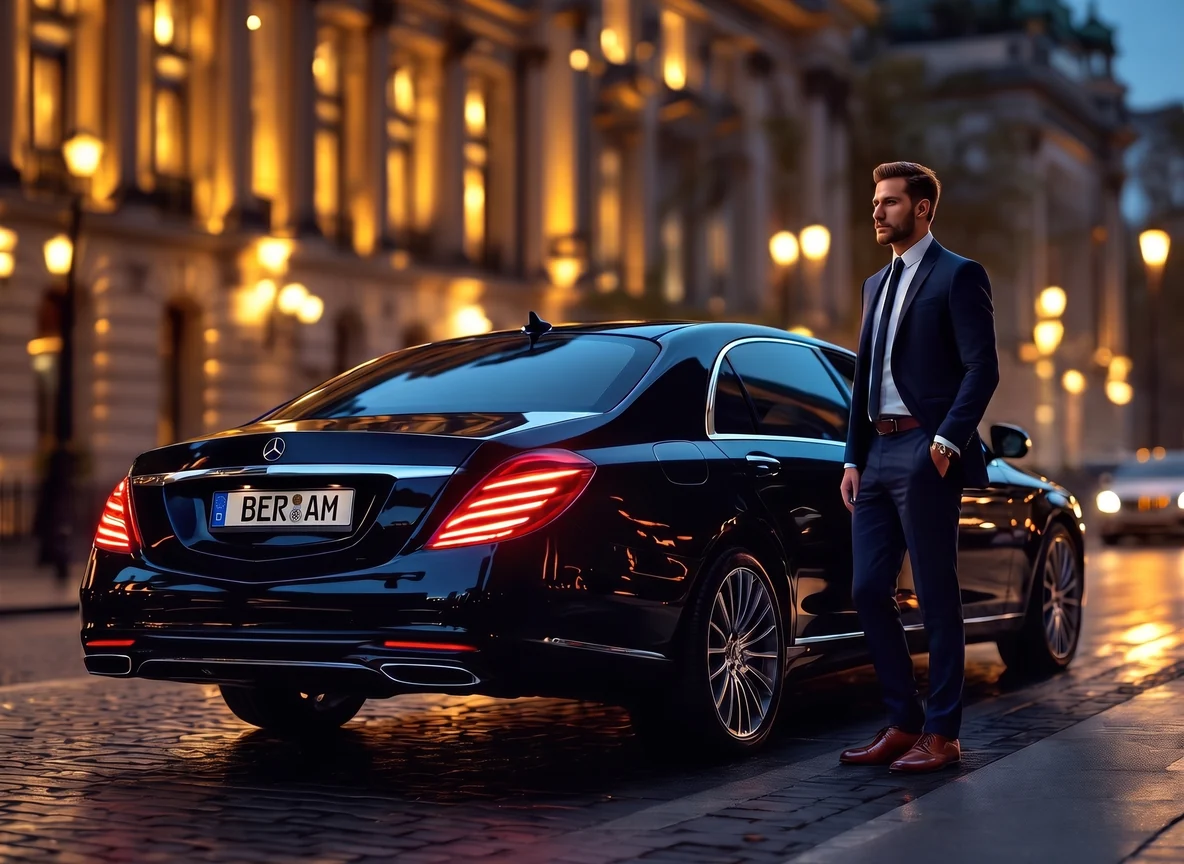 Chauffeur in dunkelblauem Anzug wartet neben einer schwarzen Limousine in Berlin