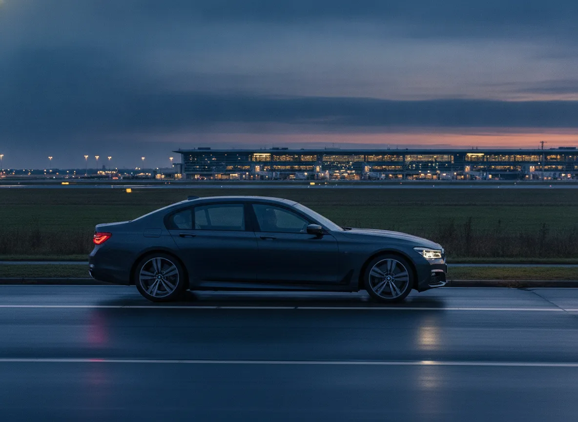 Dunkle Limousine auf dem Weg zum Flughafen BER bei Abenddämmerung