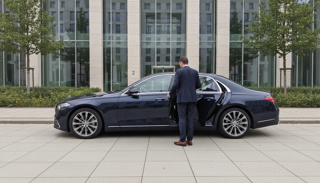 Chauffeur service Berlin: chauffeur opening the rear door of a dark limousine