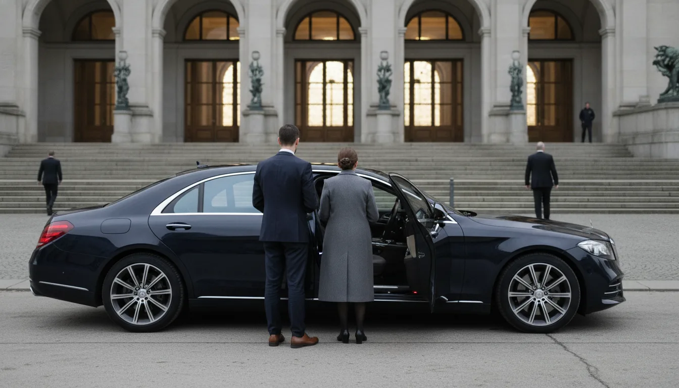 Event Limousine Service Berlin: Chauffeur Opens Rear Door at Gala Venue