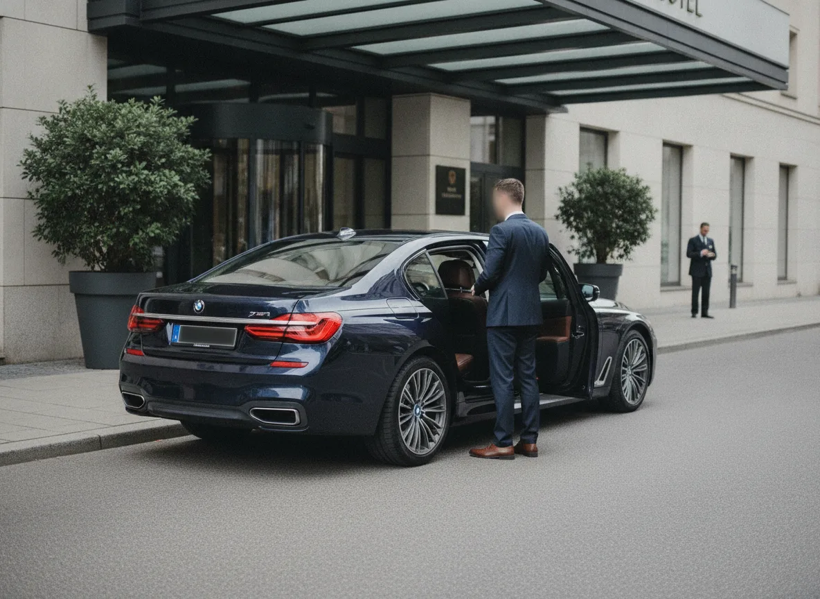 Limousine with rear door open at a Berlin hotel entrance, ready for guests