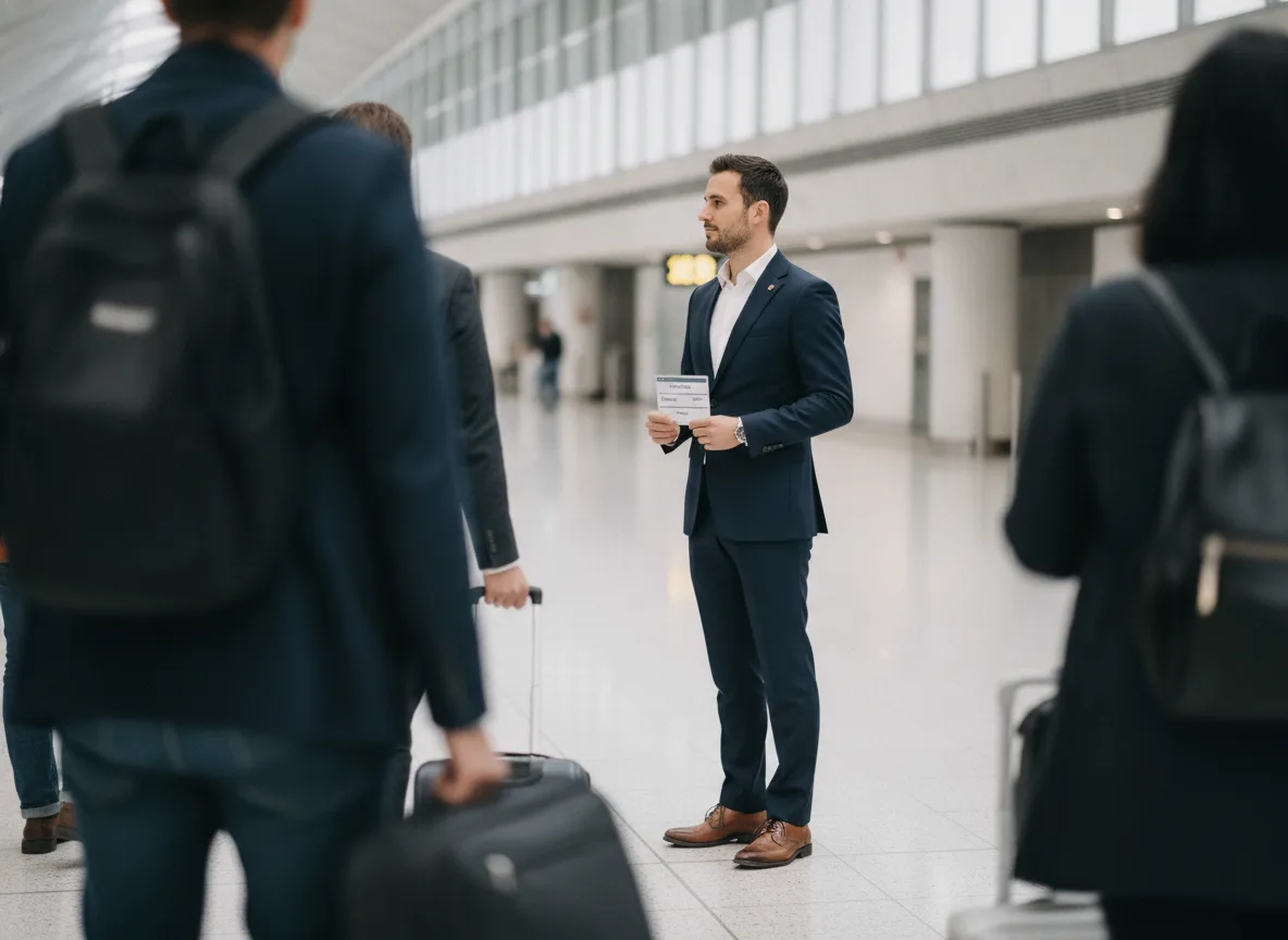 Chauffeur with name sign waiting in the arrivals hall for passengers